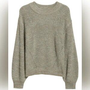 H&M Sage Green Metallic Knit Puff Sleeve Sweater - S